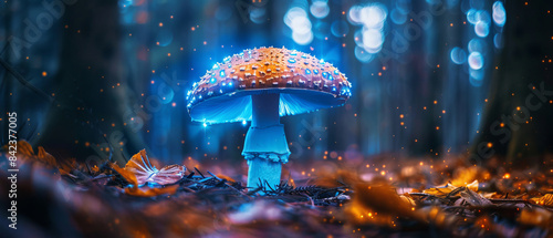 Bioluminescent mushroom standing tall, glowing vibrantly in the dark forest