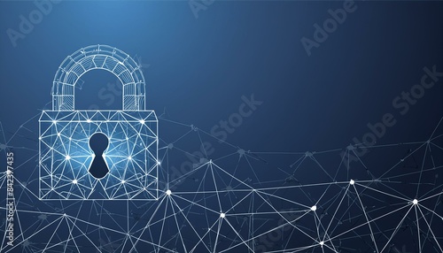 Cyber security concept. Lock symbol from lines and triangles, point connecting network on blue background. Illustration 