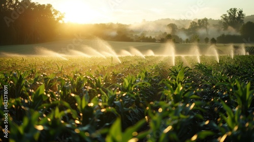 Sprinklers spray arcs of water across a lush green cornfield at dawn, sunlight filtering through the mist to illuminate the dewy leaves