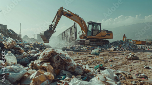 A backhoe in operation, lifting and moving piles of garbage with ease, sanitation workers and the machinery they rely on to keep our environment clean and healthy.