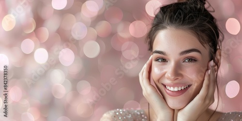 Young beautiful woman with perfect skin and toothy smile on pink background with blurred lights.