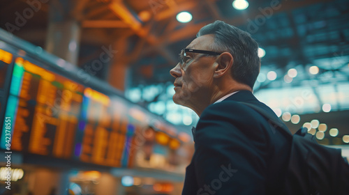 Businessman traveling on business, tracking flight information in the airport terminal, preparing for the next leg of his trip.