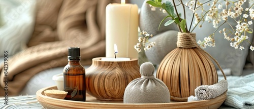 Wooden relax with aromatherapy treatment in a tray in a room interior