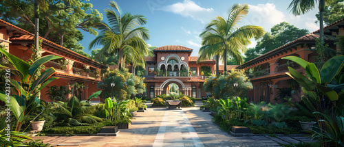 Bright tropical residence with an elegant garden and stone features, octane render, 32k, UHD