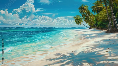 Tropical white sand beach with coco palms and the turquoise blue sea