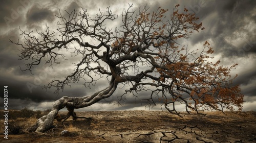 Twisted tree under an ominous stormy sky, branches contorted in unnatural shapes, dry, cracked earth below, creating menacing shadows