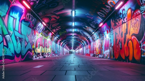 Vivid graffiti stretching along the walls of a sleek, modern urban tunnel, intricate designs and vibrant colors glowing under soft artificial lighting
