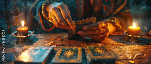Closeup of fortune teller shuffling tarot cards