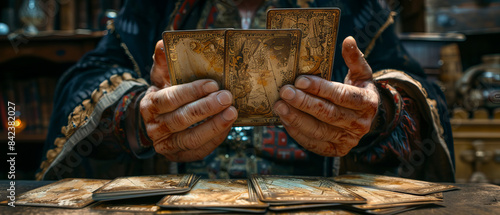 Closeup of fortune teller shuffling tarot cards