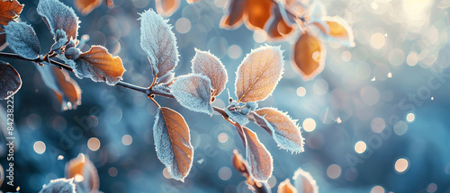 Closeup of frosty leaves with a snowy background