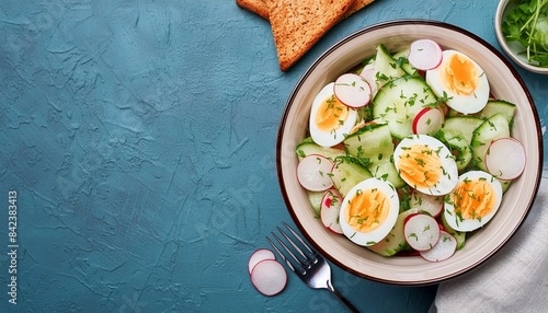 Delicious summer salad with boiled eggs, radishes, green onions and cucumber served with toasted bread close-up in a bowl on the table. Horizontal top view from above