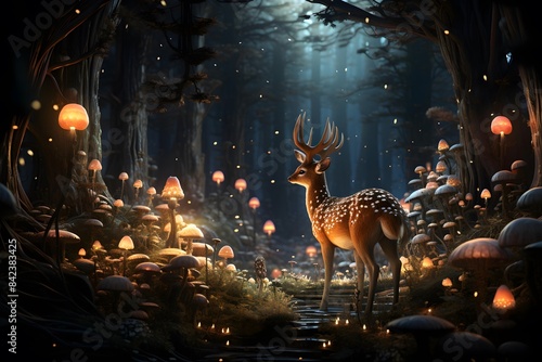 Fantasy scene with a deer in the forest. 3d illustration