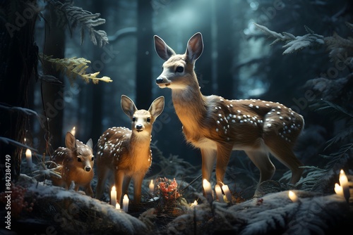 Fawns in the forest at night, 3d render.