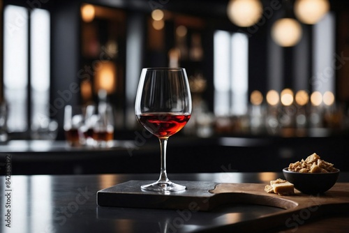 Modern Bar Vibe: a glass of fortified wine on a sleek, dark bar top with minimalist design elements.