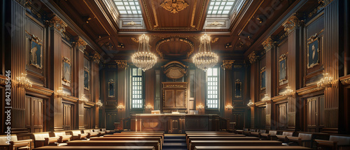 Courtroom with high ceiling and chandeliers