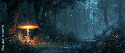 Dark, dense forest with a single vibrant glowing bioluminescent mushroom