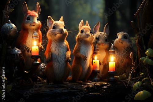 Cute little hamsters with burning candles in the forest at night