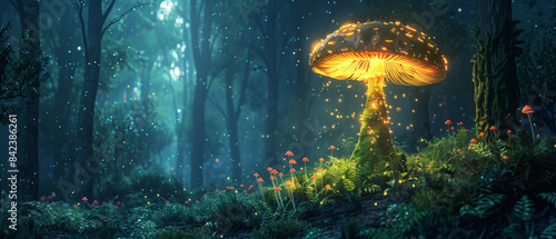 Dark forest illuminated by a tall, vibrant glowing bioluminescent mushroom