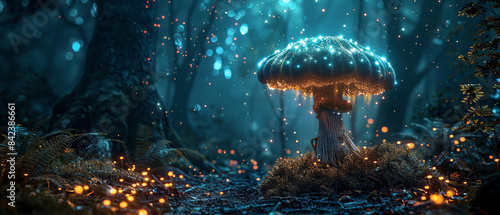 Dense dark forest with a single tall vibrant bioluminescent mushroom glowing brightly
