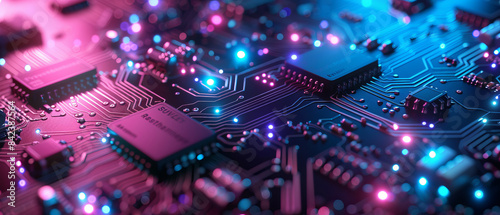 Detailed closeup of hightech circuit board with blue, green, and purple lights