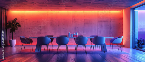 Elegant dining area with neon undertable lighting and minimalistic chairs