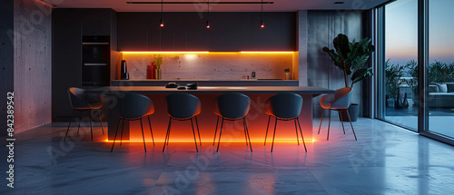 Elegant dining area with neon undertable lighting and minimalistic chairs