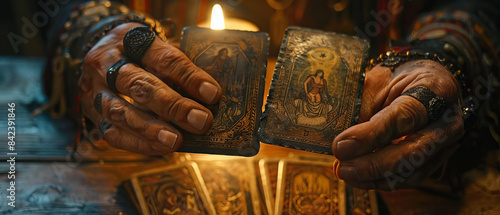 Fortune tellers hands arranging tarot cards in a spread