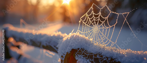 Frostcovered spider web on a fence with a snowy landscape behind