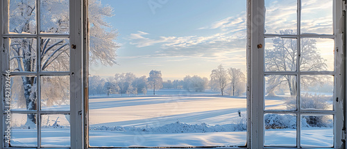 Frostcovered window with a view of a snowy landscape and trees