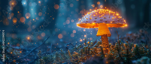 Glowing bioluminescent mushroom casting light in a dark, dense forest
