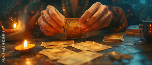 Hands shuffling tarot cards in a mystic setting