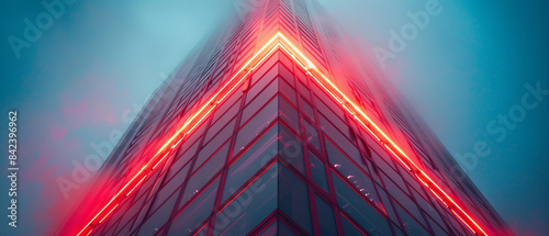Highrise building exterior with neon lights outlining its minimalistic architecture
