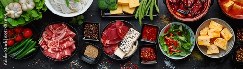 Top view collage of Chinese hot pot ingredients, showcasing a variety of meats, vegetables, tofu, and dipping sauces
