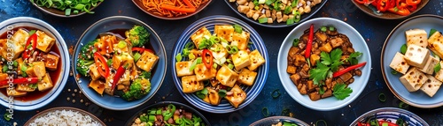 Top view collage of Chinese tofu dishes, featuring mapo tofu, stinky tofu, and tofu stirfries, in a vibrant and colorful arrangement