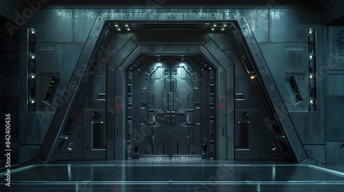 Classified Extraterrestrial Research Station Entrance with Adamantium Doors and Biometric Scanners
