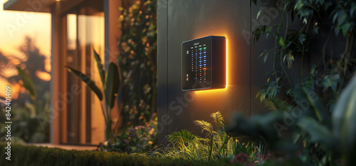 3D rendering of an outdoor home battery storage system mounted on the side wall of a modern house, with an LED display