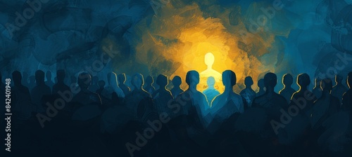 Yellow figure standing out among dark crowd brand differentiation and competition stand out concept