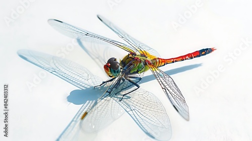 a colorful dragonfly resting on a clean white surface.