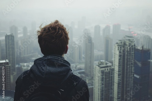 A person looks out over a city from a rooftop or hill, possibly planning their day or contemplating the urban landscape