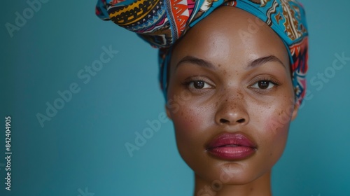 Close-up of a model with alopecia wearing a designer head wrap, turning adaptive solutions into fashion statements --ar 16:9 Job ID: 7be910c1-5859-4f08-b752-a92a23f8ae12