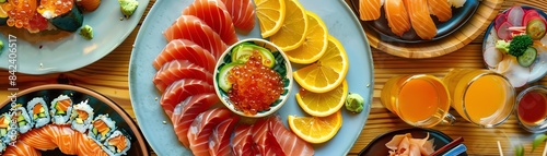 Top view of a vibrant izakaya table with sashimi platters, highlighting the fresh, colorful slices of fish with dipping sauces