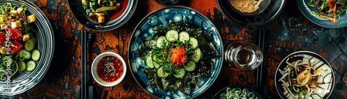 Top view of a vibrant izakaya table featuring a selection of Japanese salads, including seaweed salad and cucumber salad