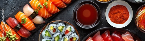 Top view of an izakaya spread featuring assorted sashimi and a variety of dipping sauces, capturing the freshness and colors