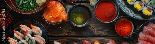 Top view of an izakaya spread featuring assorted sashimi and a variety of dipping sauces, capturing the freshness and colors