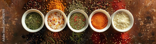 Top view of Bahraini seasonings in cups, arranged on a table with an assortment of spices, highlighting their unique features and colors