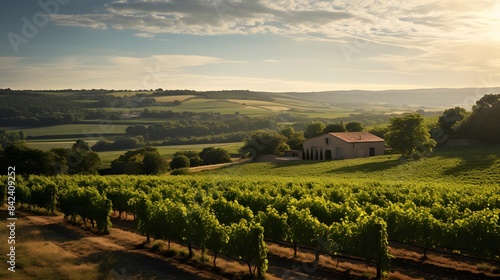 Panoramic view of a vineyard at sunset in the countryside
