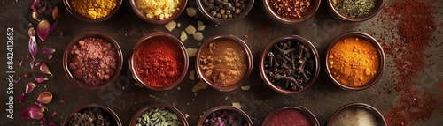 Top view of Iranian seasonings in cups, set on a spiceadorned table, showcasing their rich colors and textures