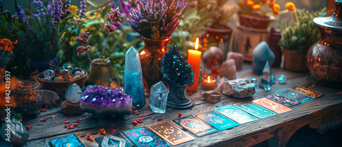 Mystic scene with tarot cards and crystals