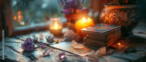 Mystic scene with tarot cards and crystals