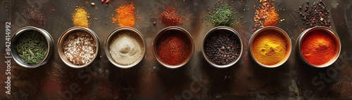 Top view of Portuguese seasonings in cups, presented on a spicecovered table, showcasing their fresh and colorful look